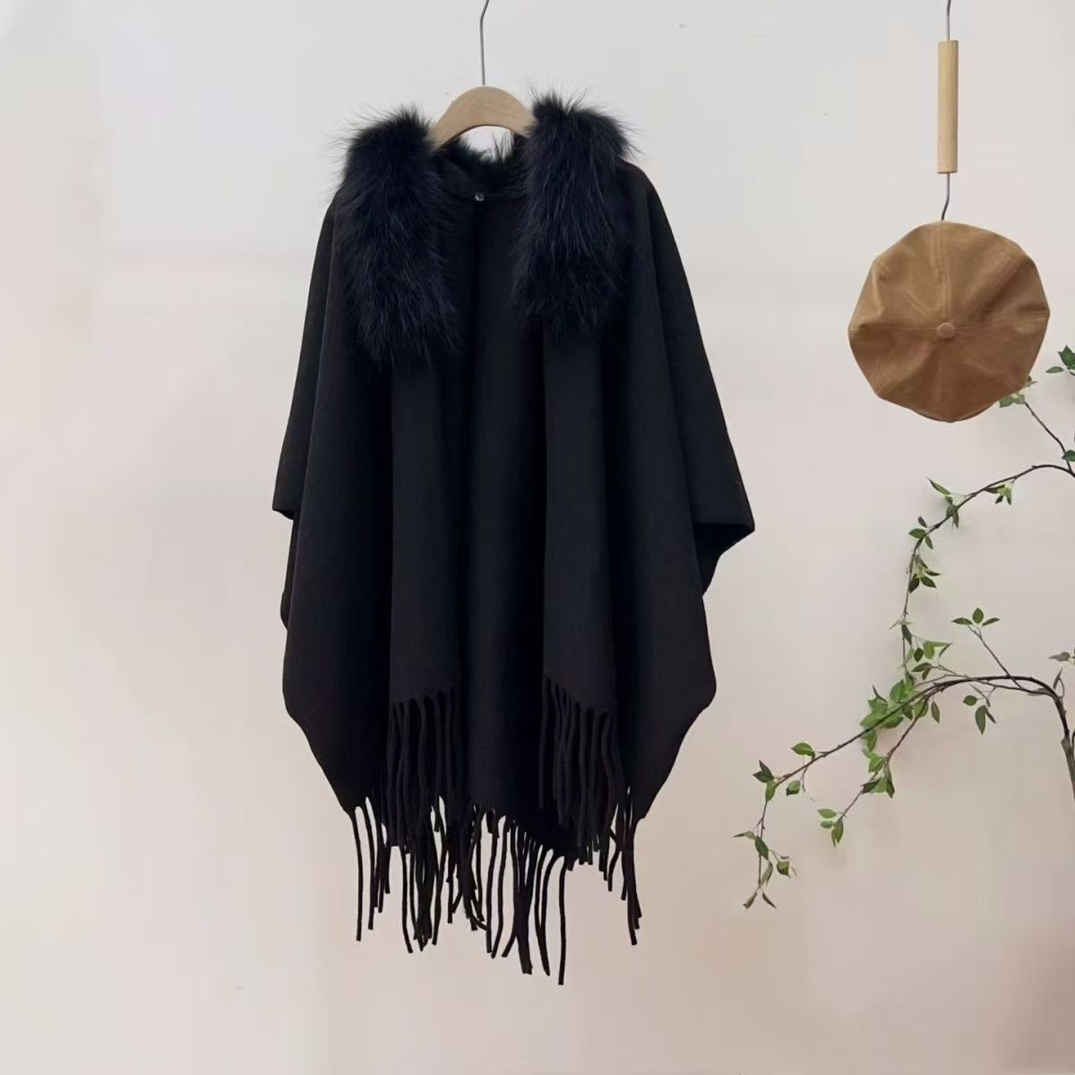 Autumn Winter Gentle Style Fur Collar Tassel Shawl Women Autumn Winter Warm Cape Coat 062#