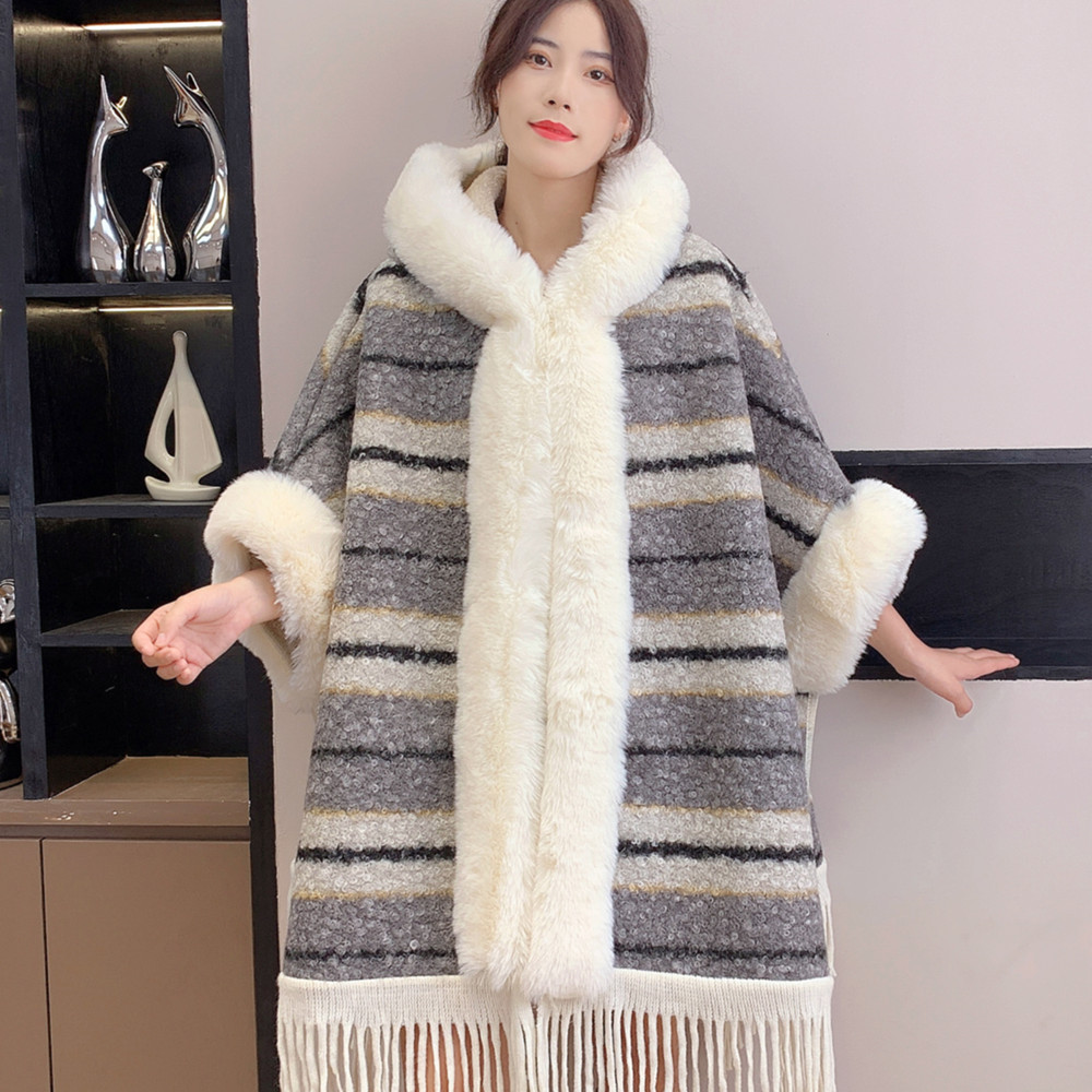 Live Autumn Winter New Plaid Tassel Fleece Lined Thickened Hooded Cape Shawl Fur Collar Warm Coat