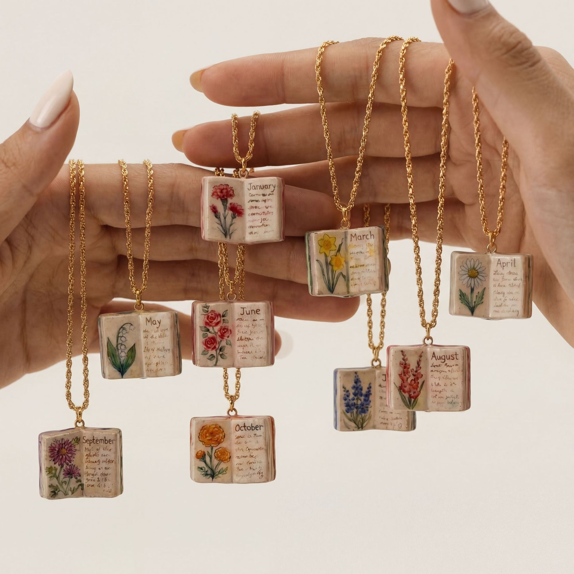New December imitation porcelain book necklace, exquisite and compact copper-plated
