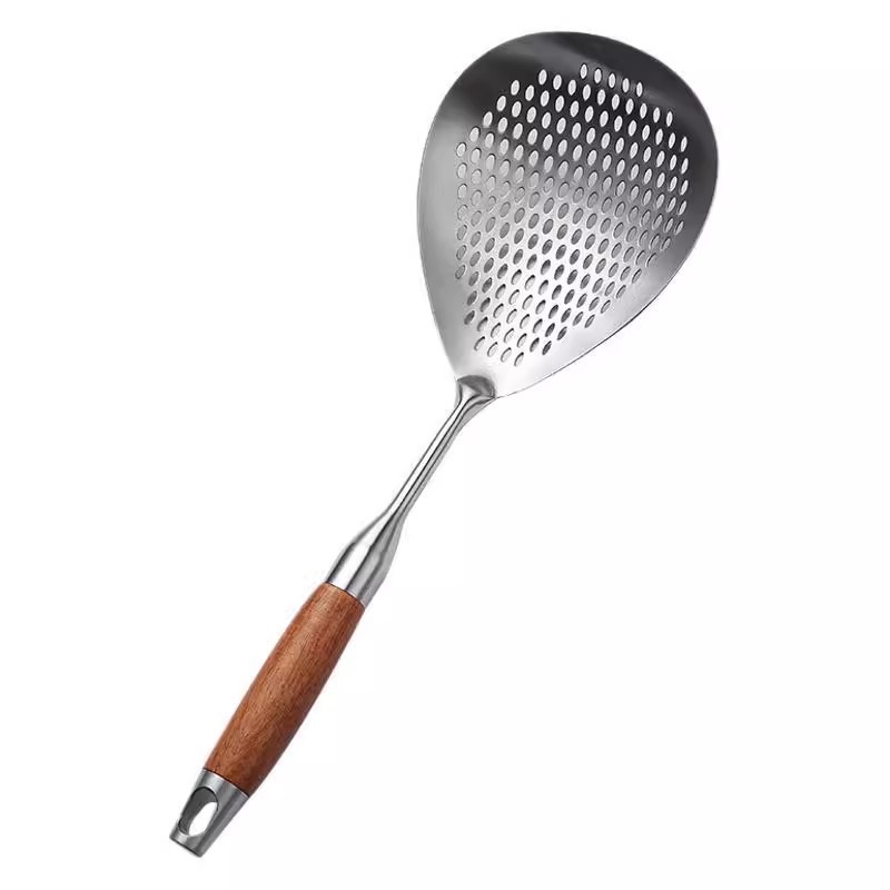 304 stainless steel large strainer for kitchen, noodle and dumpling scoop, wooden handle, pepper scoop, deep-fried, thickened long handle deep-fried large