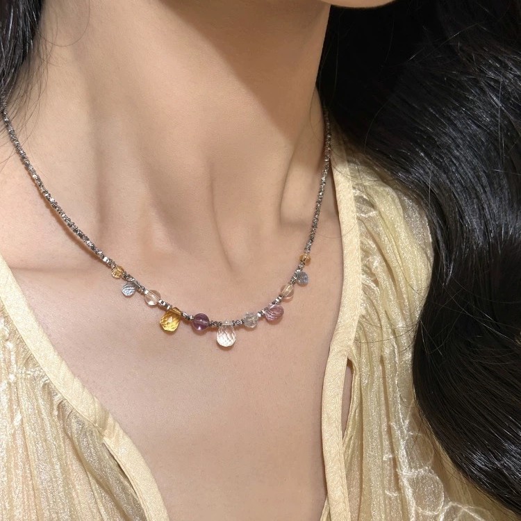 2026 spring summer new candy natural amethyst citrine topaz crushed silver niche necklace