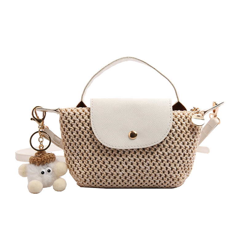 Summer Woven Bag with Lid, Patchwork Mini Straw Bag, Beach Vacation Pom-Pom Shoulder Bag