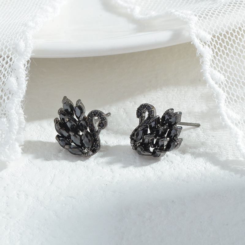 Fluffy duck S925 silver needle ear studs earrings forest style women swan zircon earrings small accessories