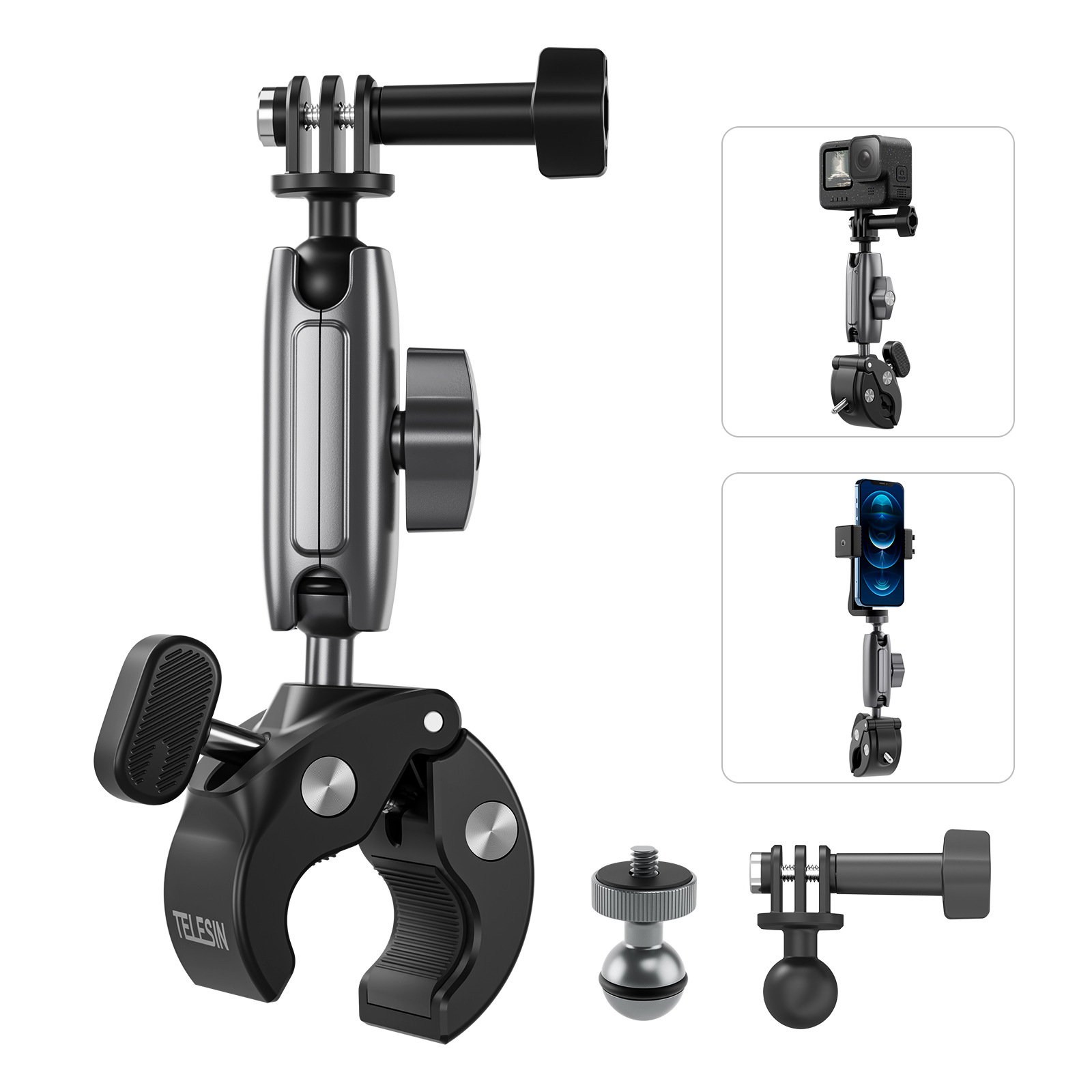 TELESIN Aluminum Alloy Universal Crab Tube Clamp for Action Camera Bicycle Motorcycle Mount