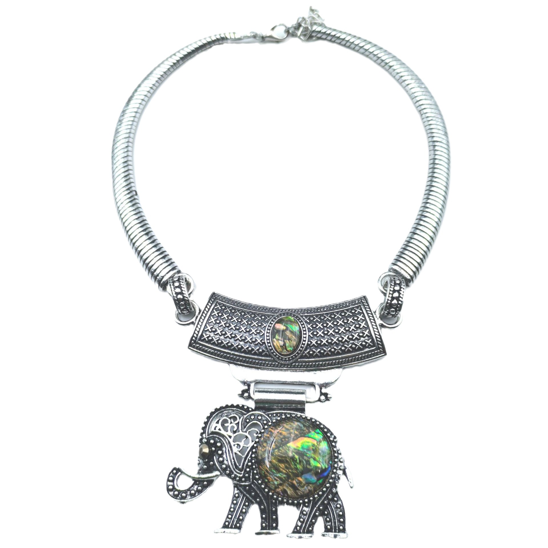 Short hollow elephant turquoise shell pendant necklace