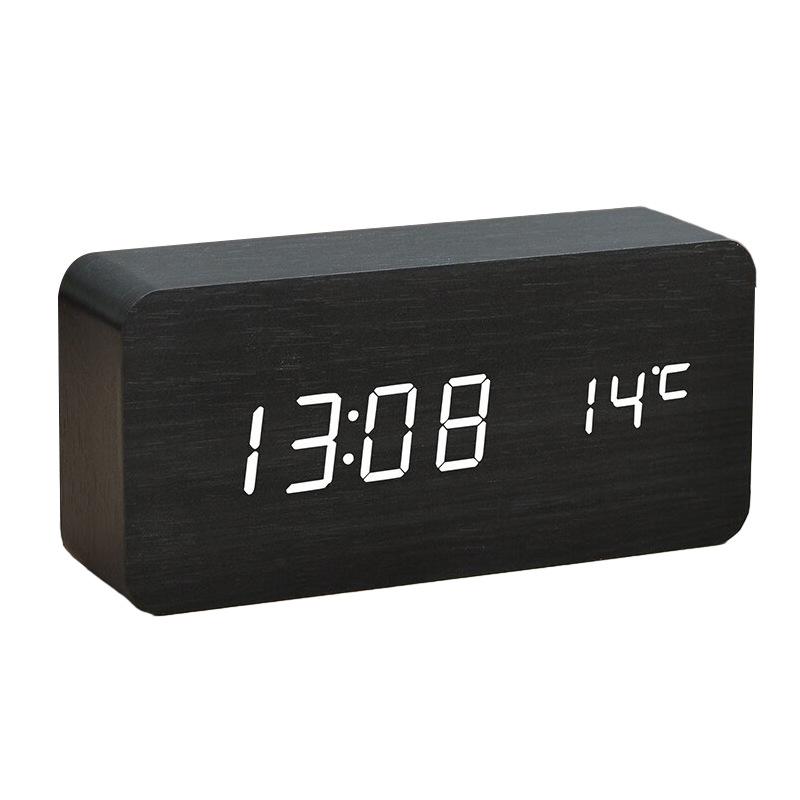 Wooden alarm clock LED student rechargeable digital display electronic voice control clock Nordic style wood