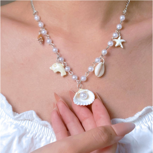 Starfish Shell Pearl Colorful Beaded Necklace Women Beach Vacation Style Collarbone Chain Summer Sweet Cool Necklace Accessories