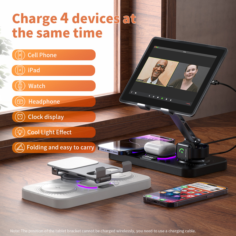 New wireless charger supports phone watch earphone charging clock colorful lights flat stand foldable