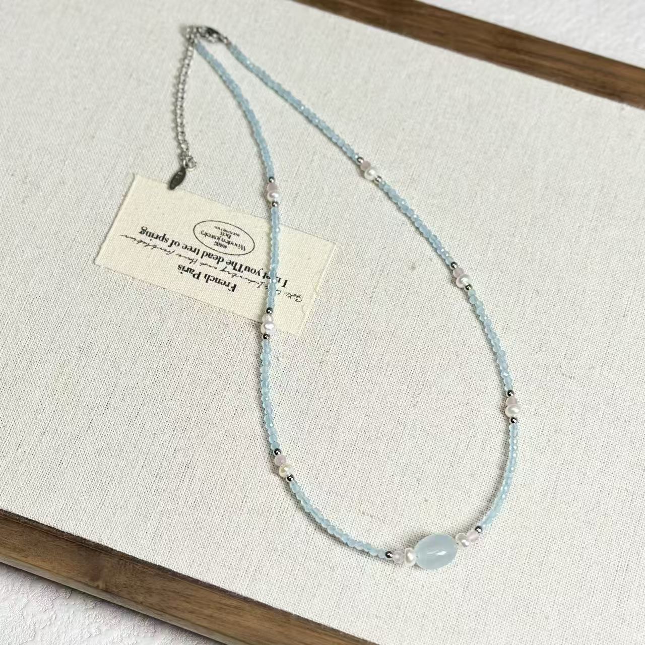 Spring Summer New Blue Cat's Eye Freshwater Pearl Necklace Women Beaded Small Simple Collarbone Chain Necklace