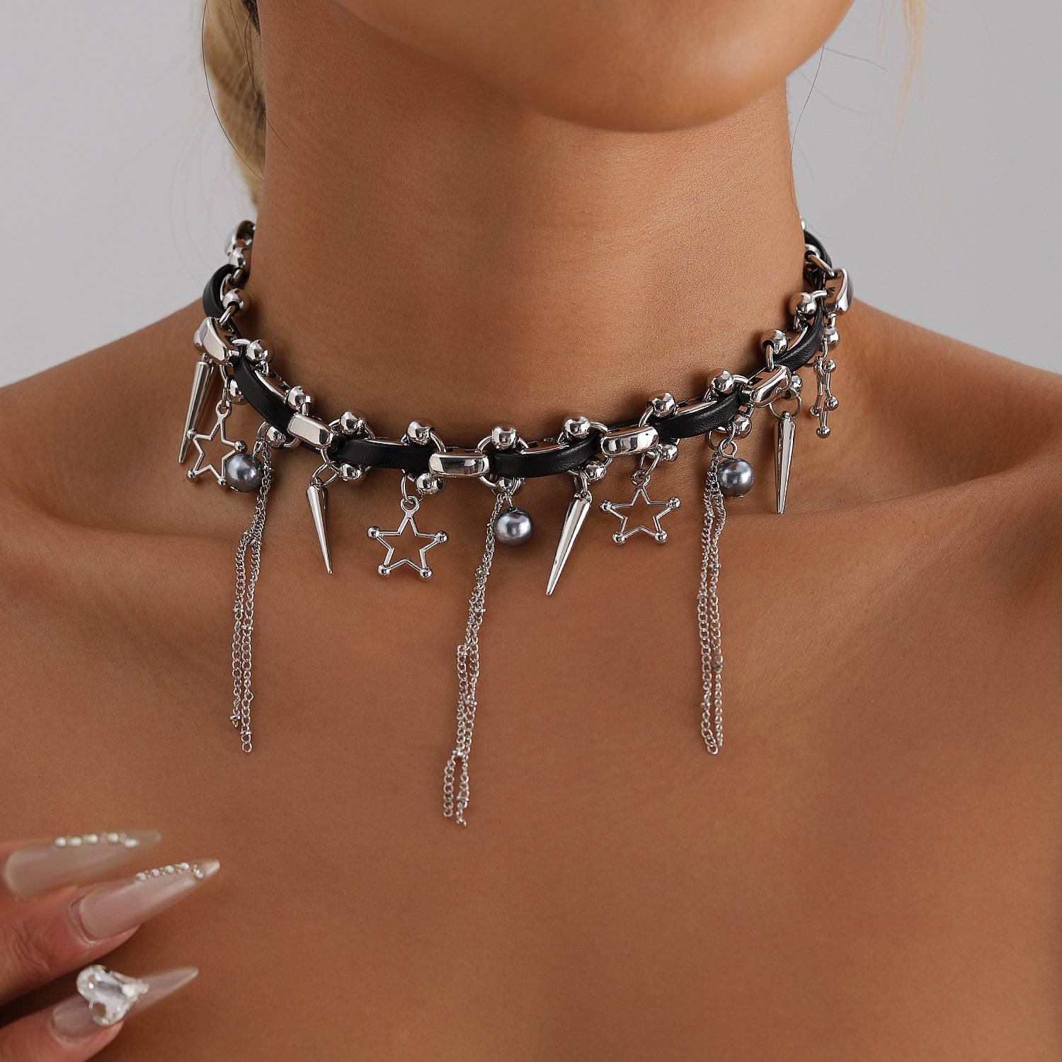 Accessories Heavy Metal Punk Gothic Five-pointed Star Tassel Leather Rope Choker Sweet and Cool Necklace
