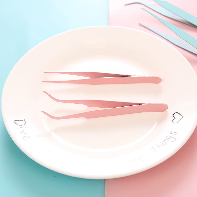 DIY colorful pointed curved tip clip macaron pink eyelash manual hand account tweezers stainless steel tweezers
