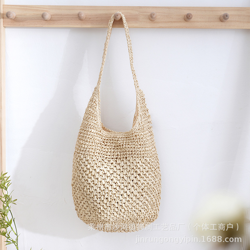 Woven bag for women, summer hollow straw woven bag, woven bucket bag, large capacity beach vacation style shoulder tote bag