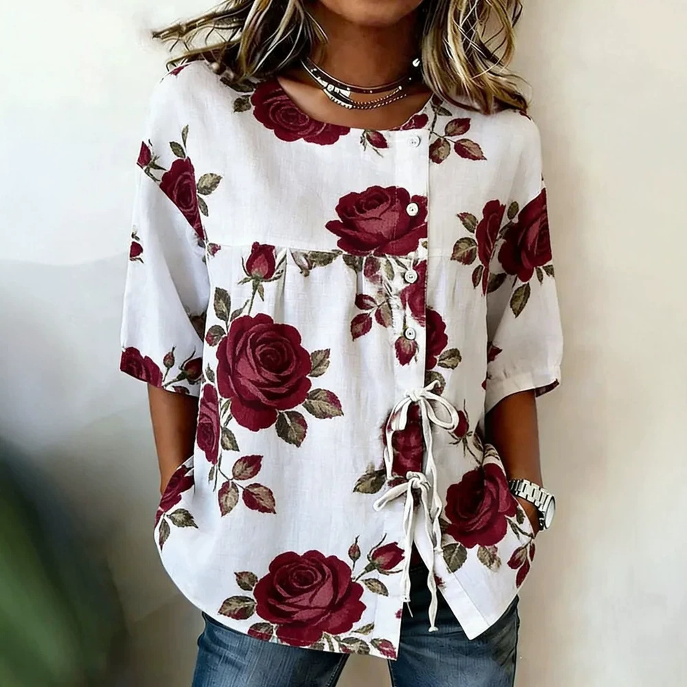 2026 New Summer Women's Top Printed Casual Short Sleeve Drawstring Bow Blouse