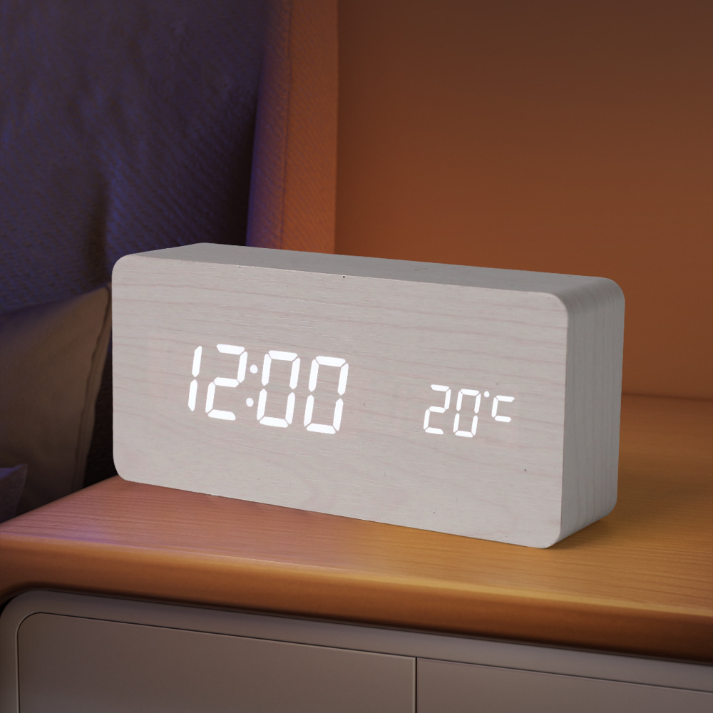 PVC Wooden Clock Multifunctional Alarm Clock LED Clock Thermometer Digital Clock Student Bedside Electronic Night Light Alarm