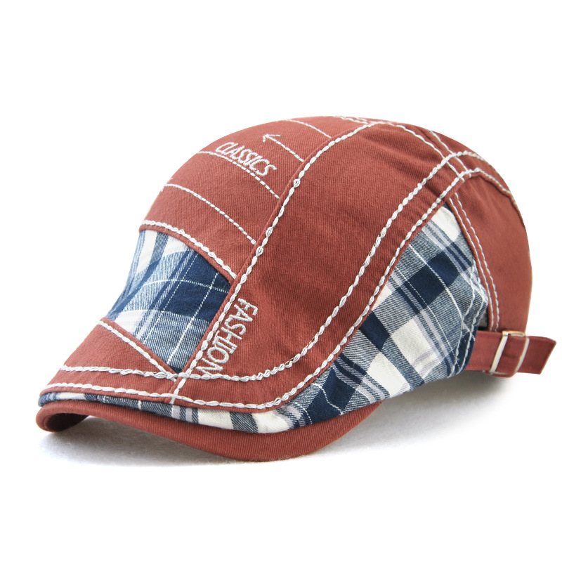 Cap with plaid patchwork and parallel arrow embroidery, new outdoor sun hat