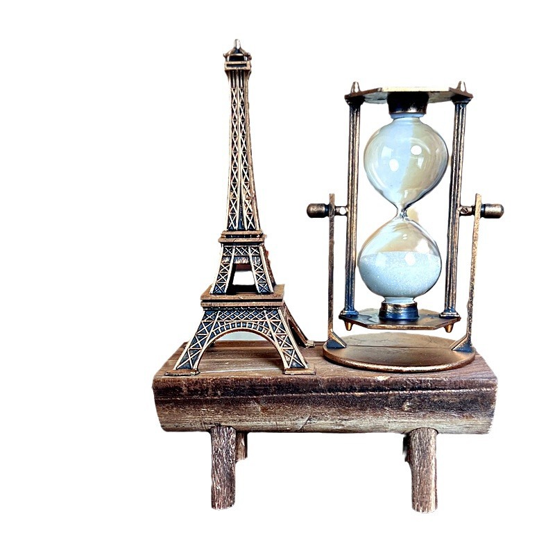 1047 Iron Tower Hourglass Ornament Simple Modern Home Study Wooden Base Hourglass Ornament