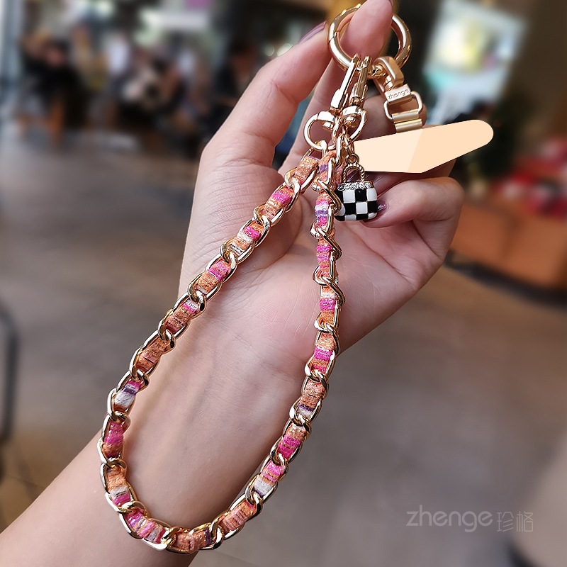 Mobile phone lanyard small fragrance camellia tag pendant phone chain wrist hanging decoration short metal chain