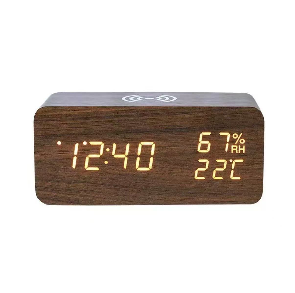Wireless charging LED clock electronic charging wooden alarm clock, voice-controlled thermometer charging wooden clock perpetual calendar