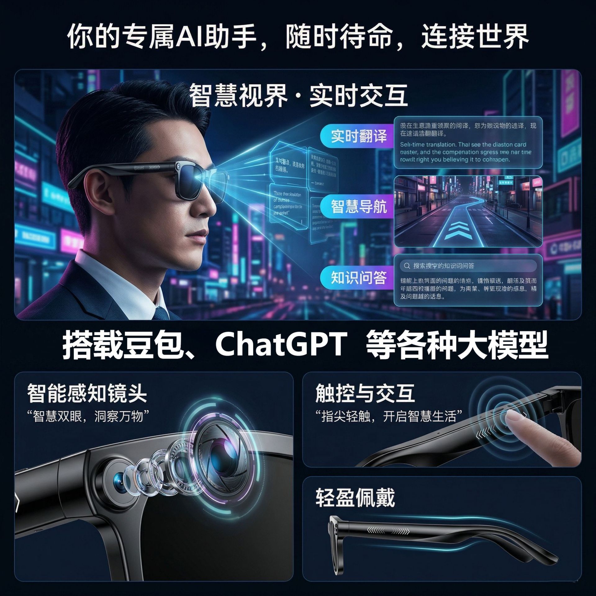 Smart Glasses AI Translation Smart Photo Video Bluetooth Translation 8MP Camera Black Technology Multifunction