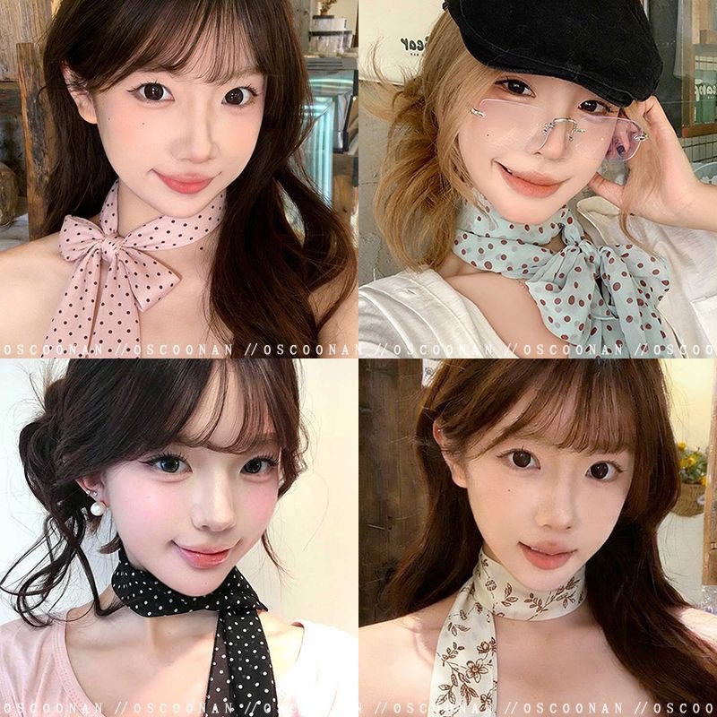 Gentle pink polka dot silk scarf for women minimalist eye-catching thin necktie neck accessory floating hair tie