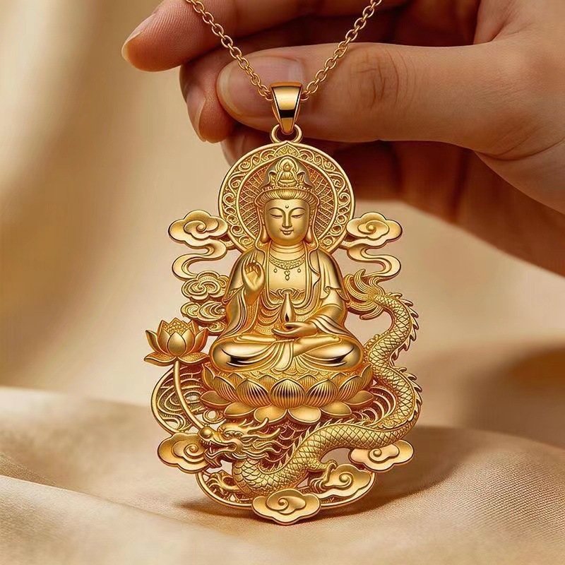 Imitation gold Chinese style dragon brand Guanyin Buddha head pendant peace buckle pendant necklace for men and women