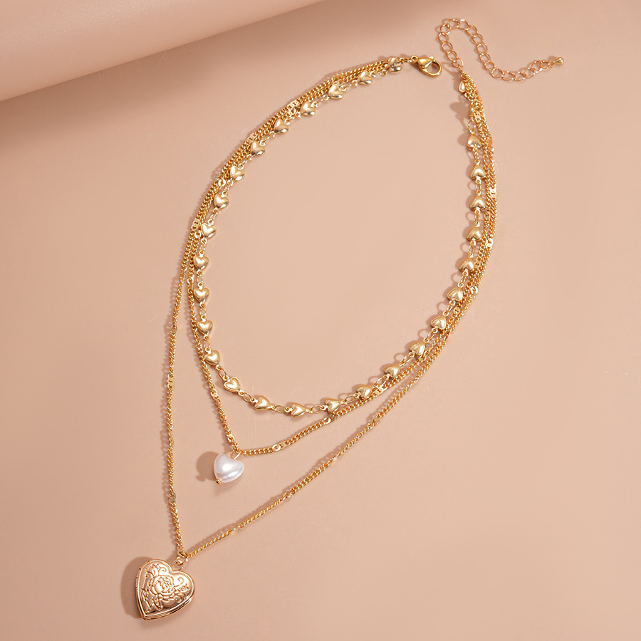 Imitation Pearl Heart Print Three-Layer Layered Chain Necklace for Women