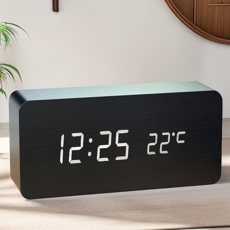 Nordic LED wooden clock, wood grain clock, silent night light living room bedroom bedside digital alarm clock
