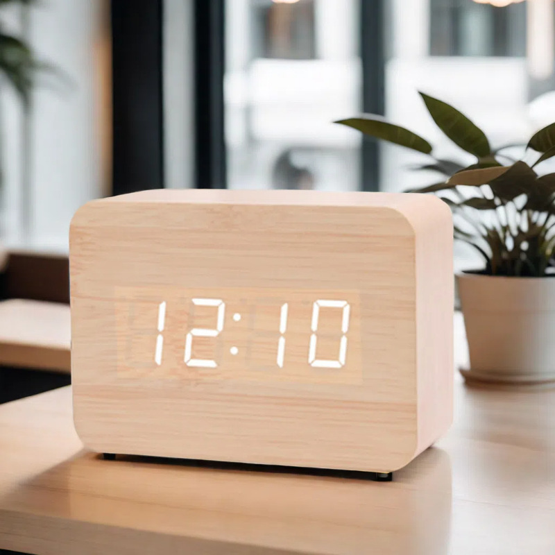 Wooden electronic alarm clock, voice-activated silent clock, LED gift clock, student desktop electronic clock