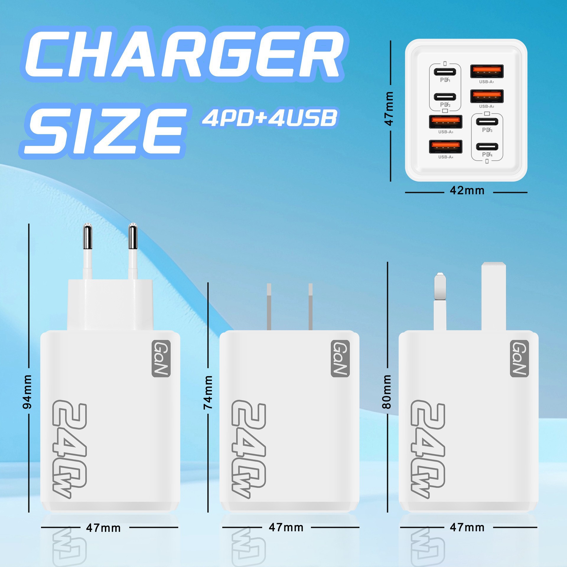 New 240W multi-port charger 4USB+4Type-C UK standard PD phone adapter