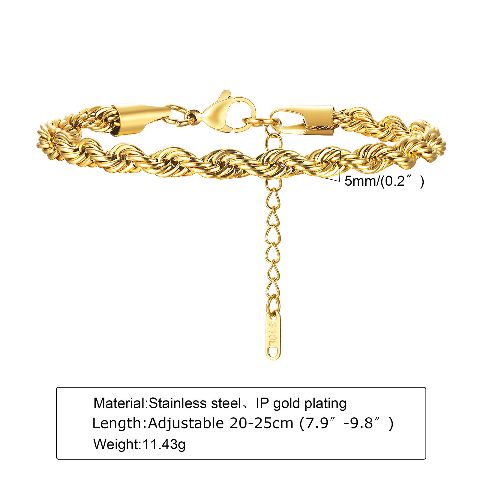 Titanium Steel Hemp Rope Bracelet Thick 2/3/4/5/8MM Unisex Women's Gold-Plated Stainless Steel Accessories
