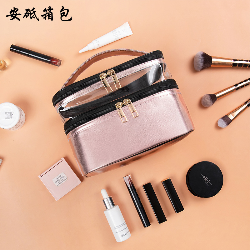 New Metal Transparent Double-Layer Cosmetic Bag Multifunctional Handheld Waterproof Toiletry Bag Storage Bag