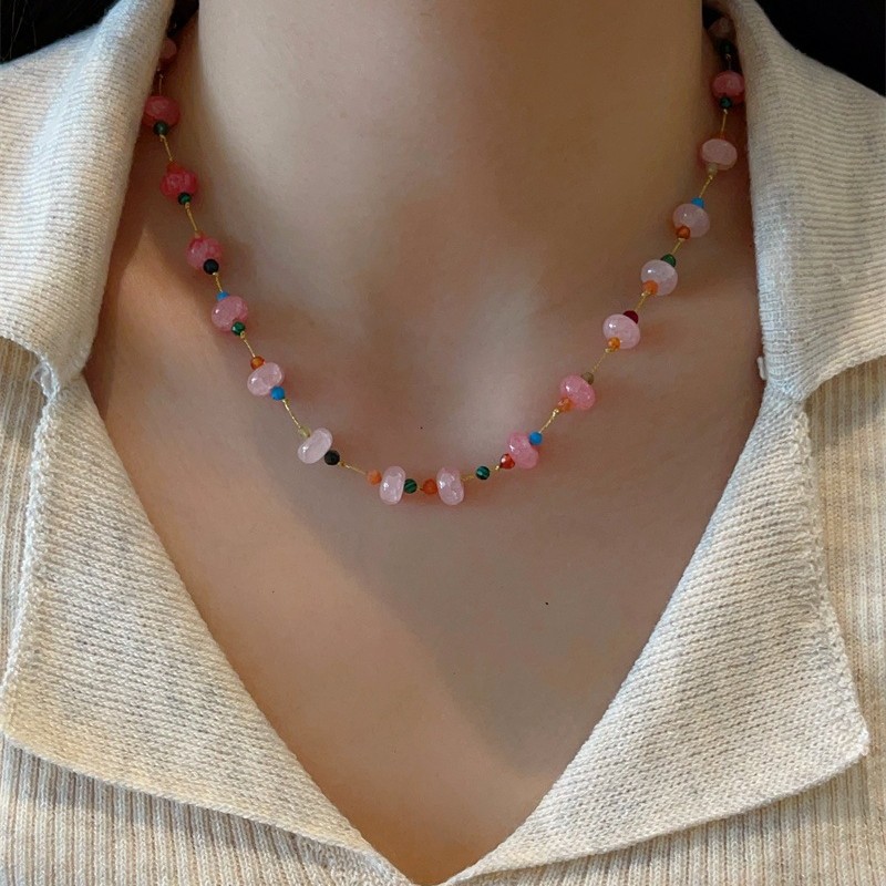 Fresh Natural Stone Rose Quartz Necklace Large and Small Beads Peace Button Crystal Necklace Delicate Collarbone Chain