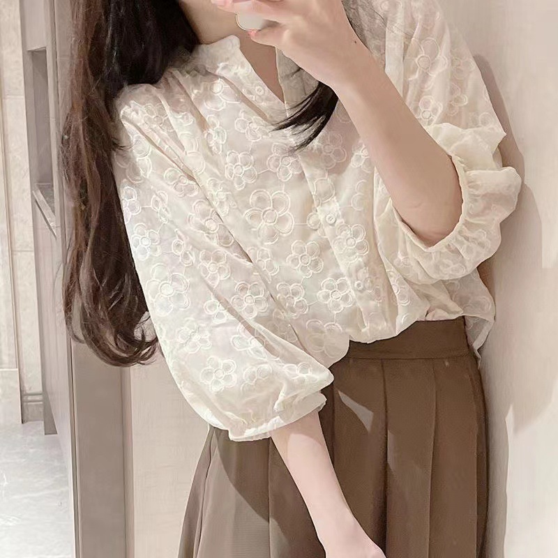 Salt-style Women's Blouse Embroidery Crochet Medium Sleeve Breathable Shirt Loose Top