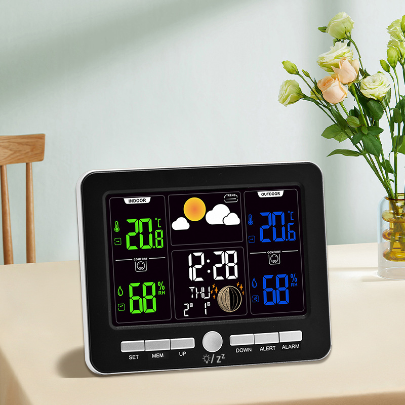 Color Screen Weather Clock Indoor Outdoor Temperature Humidity Meter Weather Alarm Clock Digital Weather Station Clock Home Wall Clock