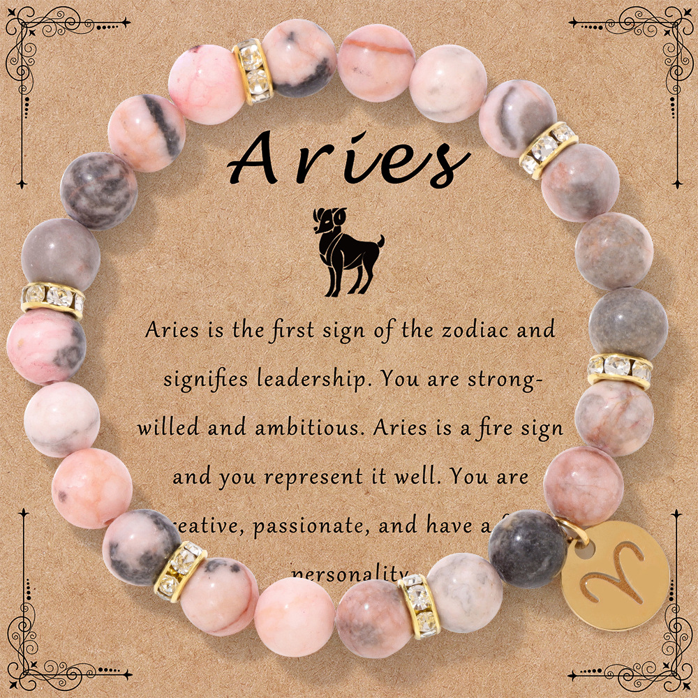 New twelve zodiac bracelet pink zebra stone beads elastic rope couple bracelet card pack birthday