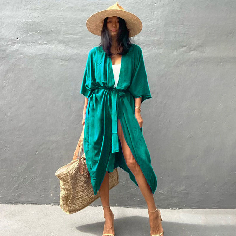 New Dense Rayon Sun Protection Cardigan Bikini Cover Up Swimsuit Outer Sun Protection Seaside Vacation Dress Women