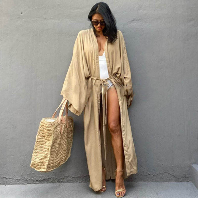 New Rayon Loose Long Cardigan Beach Sun Protection Jacket Seaside Vacation Bikini Cover Up Swimsuit Outer Women