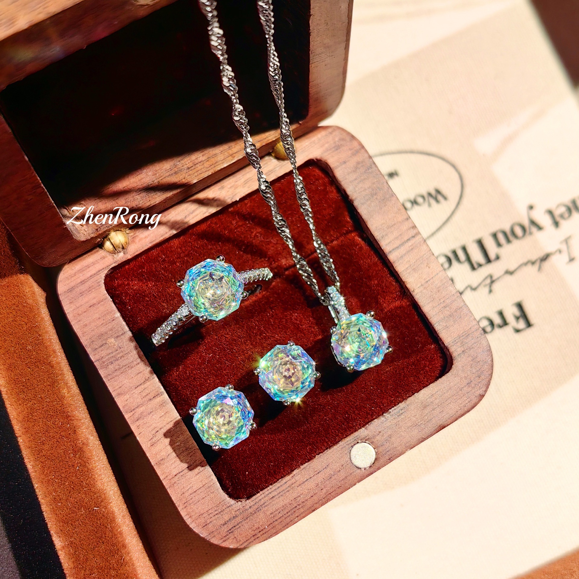 Octagonal millennium rose cut Paraiba necklace pendant inlaid high carbon diamond炫彩 diamond earrings yellow diamond ring women