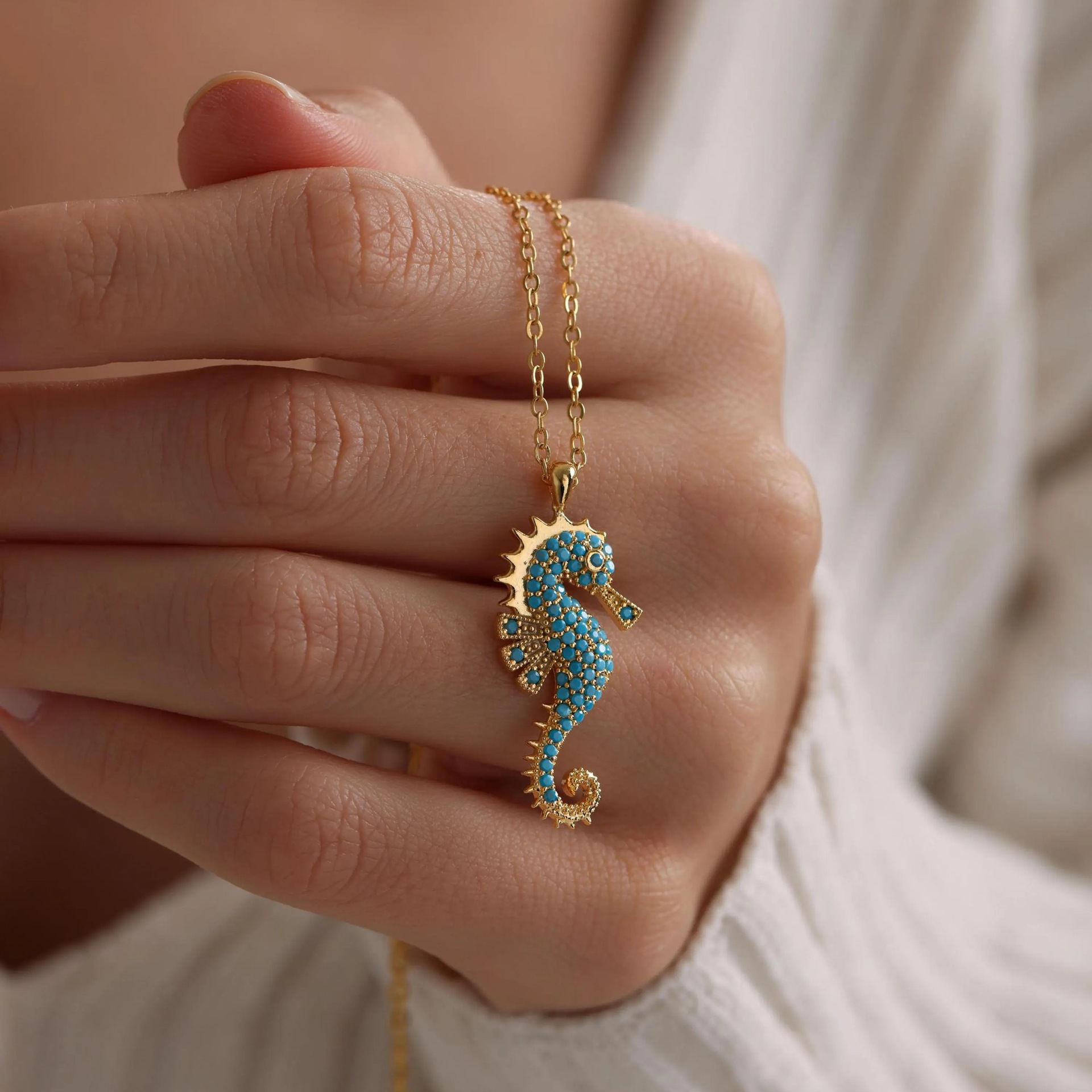 Stainless steel modern blue necklace pendant electroplated rhinestone style seahorse