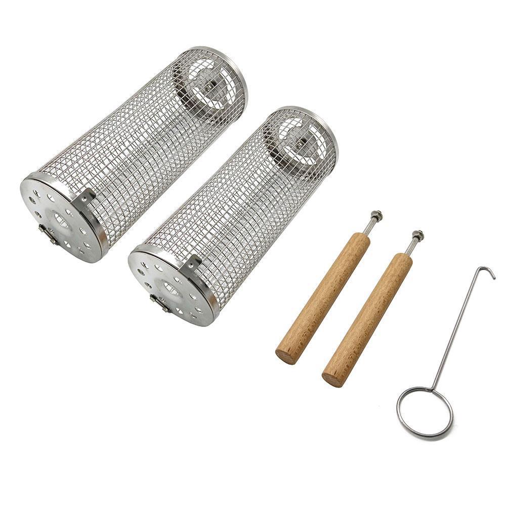 304 Stainless Steel BBQ Grill Portable Outdoor Wooden Handle Round Rolling BBQ Basket