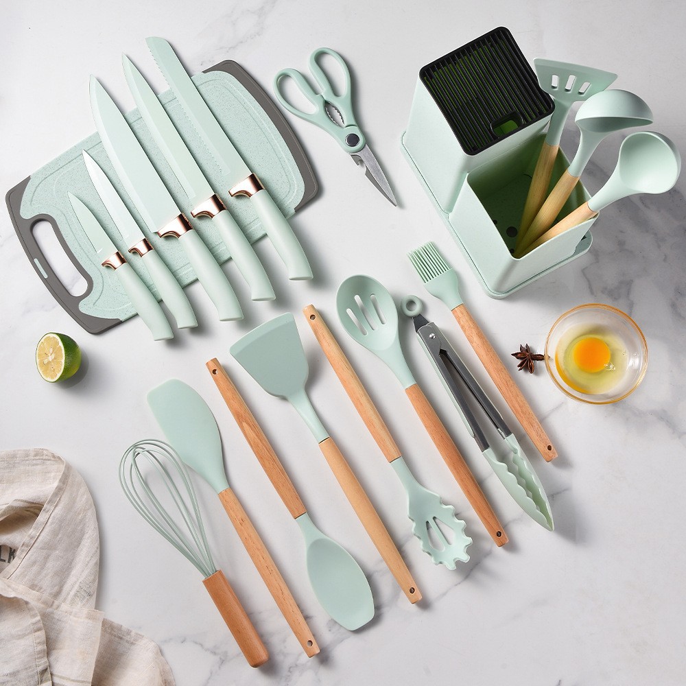 19-piece silicone kitchen utensil set with knife, silicone combination kitchen utensils 19-piece double-barrel straw silicone kitchen utensil set with knife