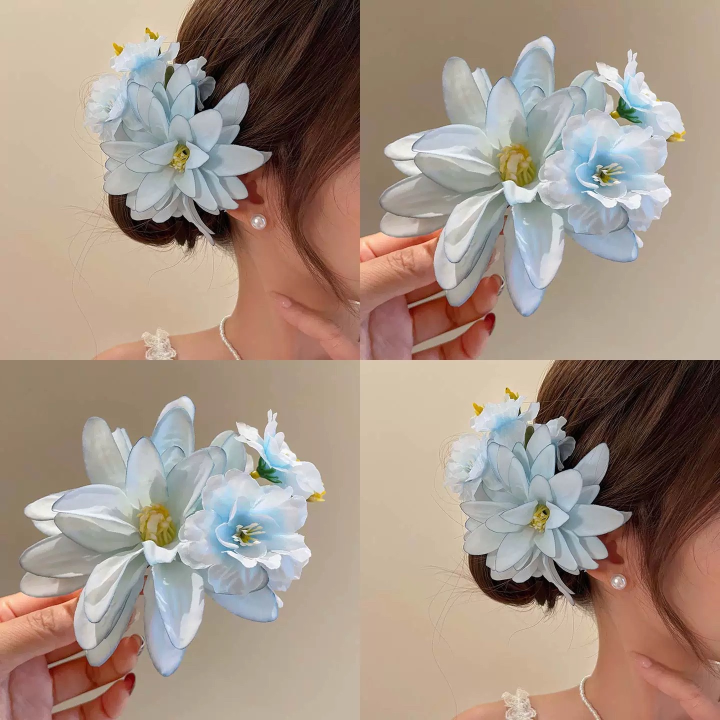 9#黄色花蕊水蓝玉兰仿真花花簇发夹