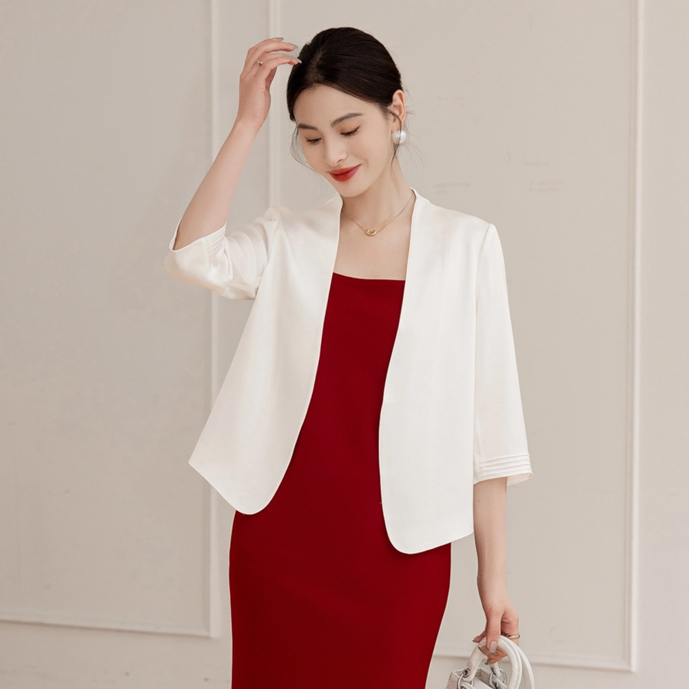 2026 summer solid color acetate suit jacket women five-point sleeve collarless short blazer