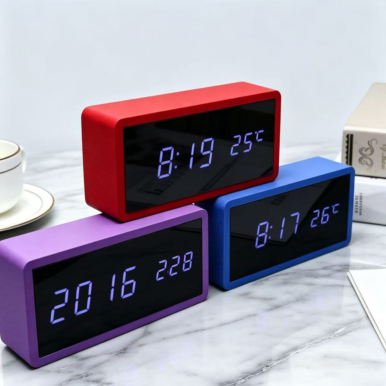 Colorful mirror clock, LED wooden clock, wooden digital clock, LED electronic clock, temperature clock, electronic alarm clock