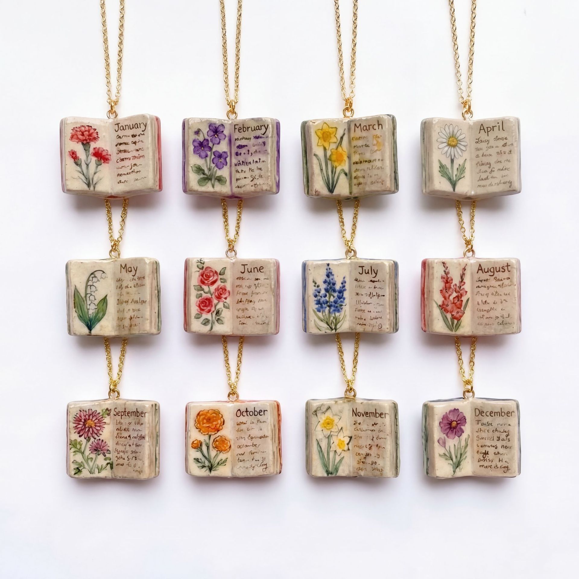 New December imitation porcelain book necklace, exquisite and compact copper-plated