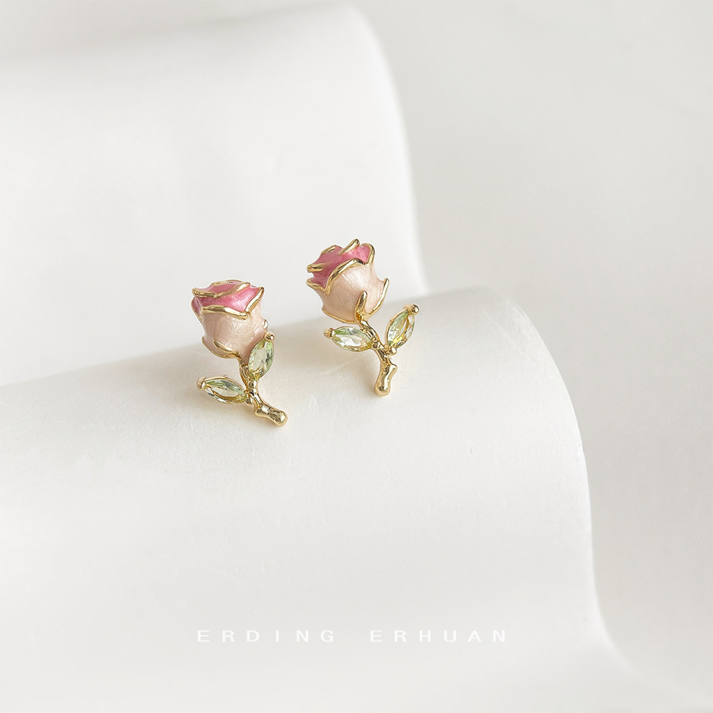 Super sweet~Little fresh silver-plated needle enamel drip glaze texture micro-set zircon small rose earrings