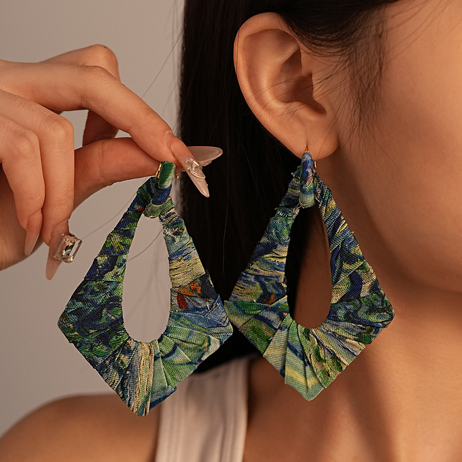 Exaggerated Contrast Color Fabric Woven Irregular Geometric Silver Needle Ear Cuff Earrings for Women