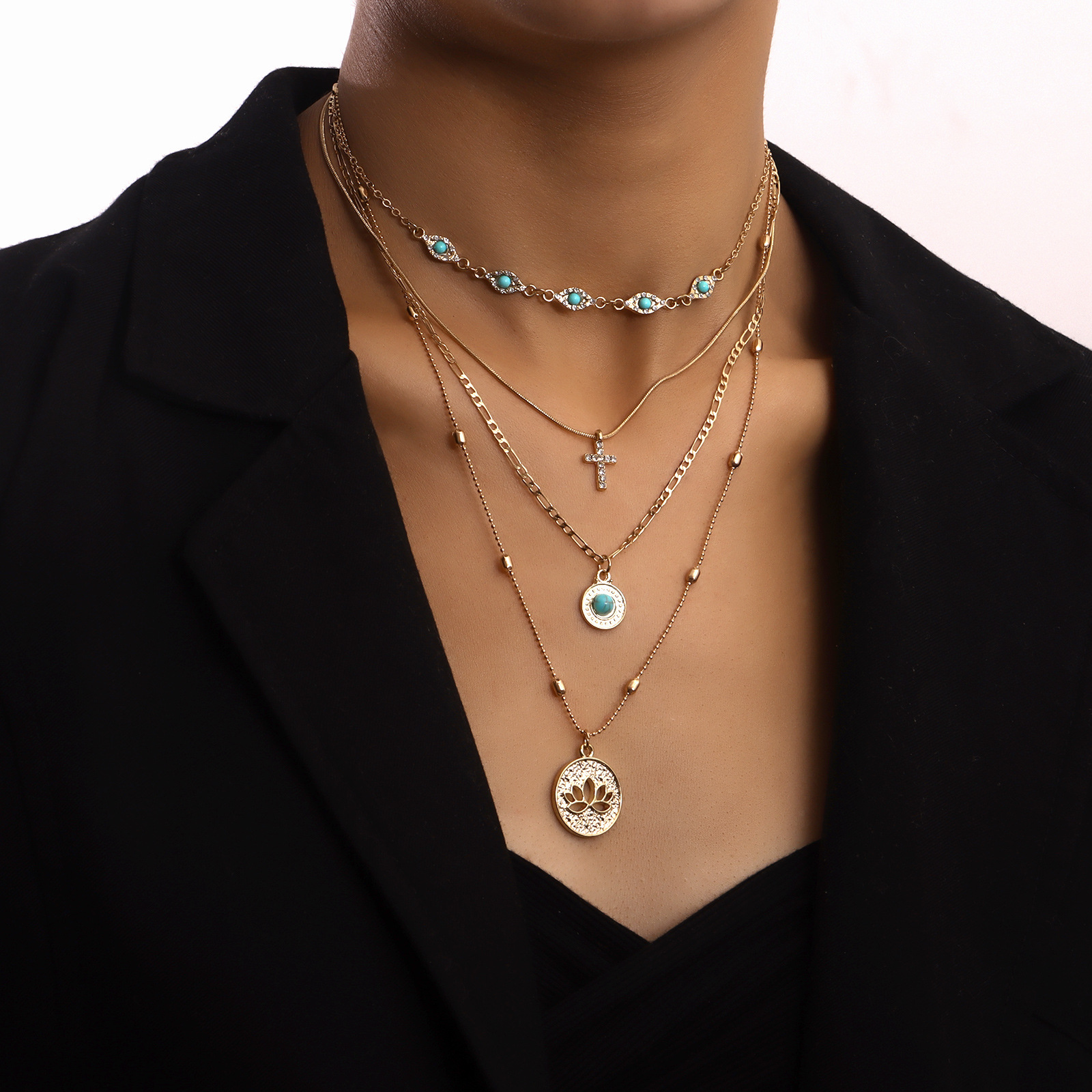 Accessories Multi-layer Small Hole Chain Hollow Flower Rhinestone Cross Pendant Necklace for Women