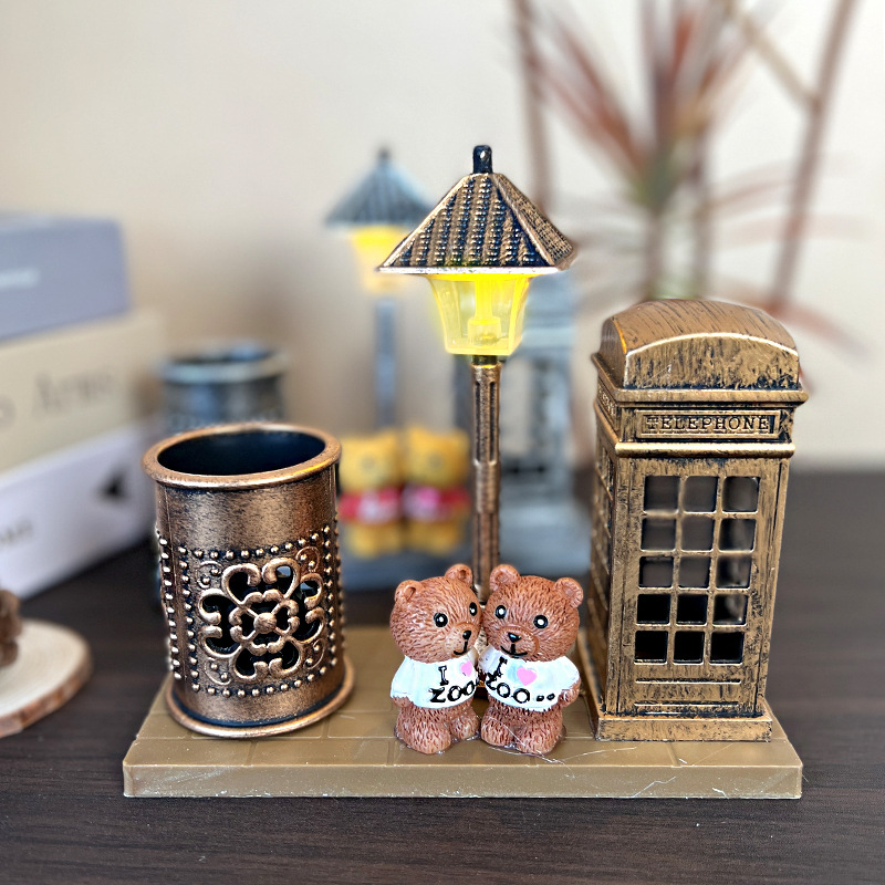 Antique Flowing Sand Street Lamp Pen Holder Student Gift White Sand Hourglass Color-Changing Night Light Ornament