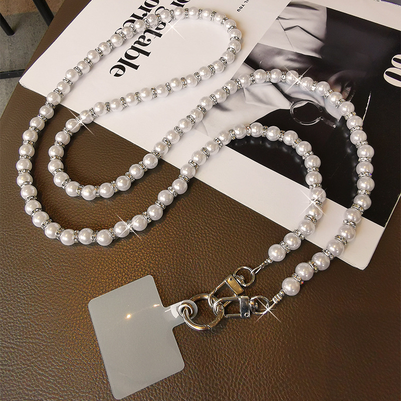 Mobile phone lanyard crossbody pearl bead chain card case rhinestone pendant women's handmade string beads